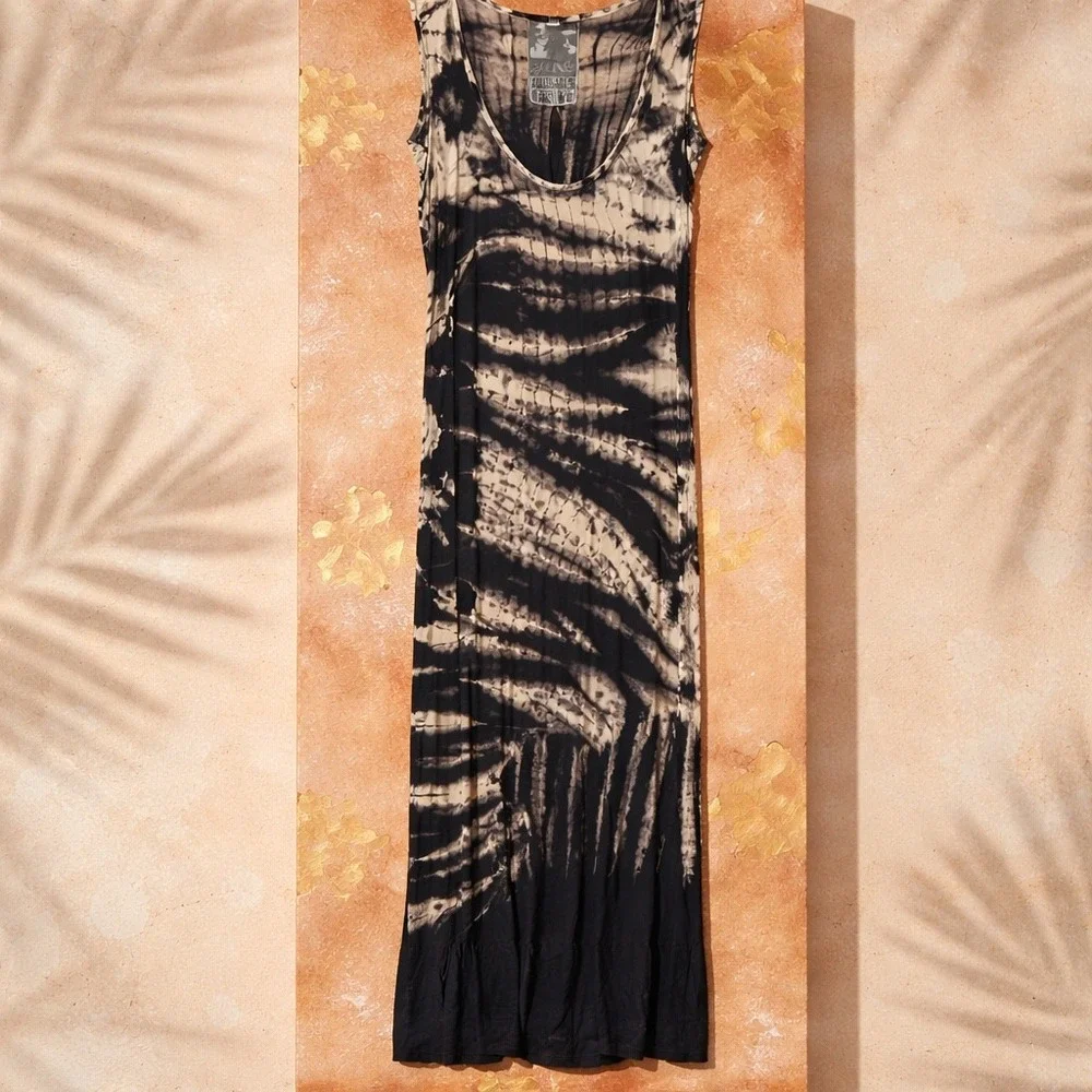 Young Fabulous & Broke Tie Dye Maxi Black Tan Twisted Keyhole Back Womens S - Picture 2 of 5